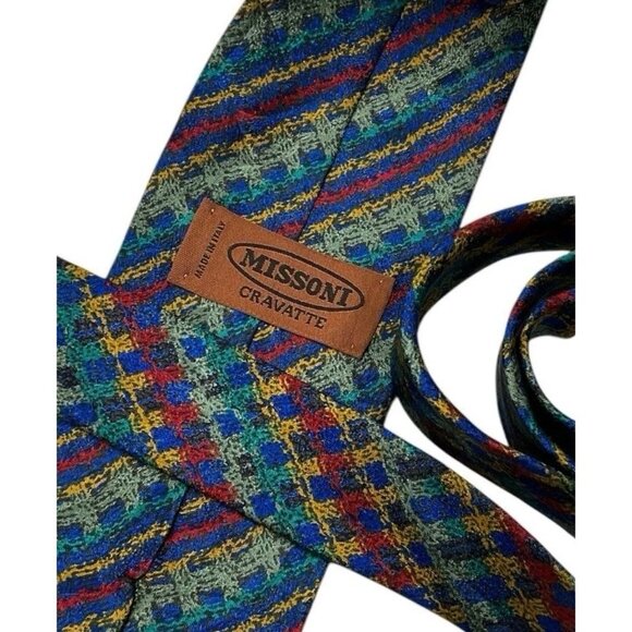 MISSONI Men's 100% Silk Necktie LUXURY Green Blue Red Geometric W:3.7" EUC - Picture 2 of 4